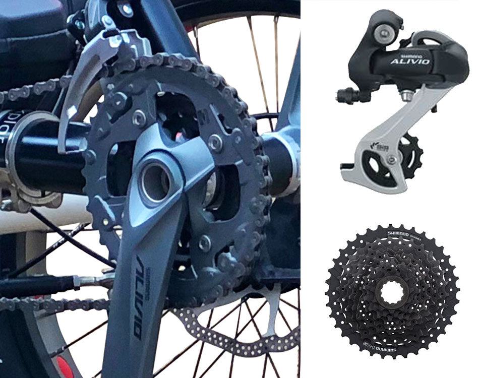 close up of various Alivio brand trike gearing components including crankset, derailleur, and cassette